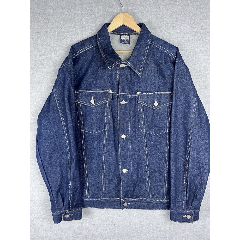 Pure Playaz Denim Jacket Mens Size XL Jean Jacket Pockets Y2K dark denim